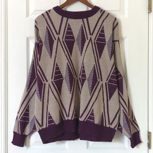 Aspetuck Trading Co. 90's Vintage Funky Knit Crewneck Sweater Taupe Purple XL